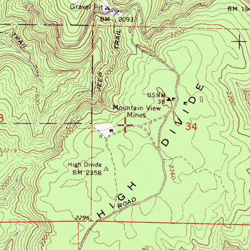 Topographic Map of Mountain View Mines, CA