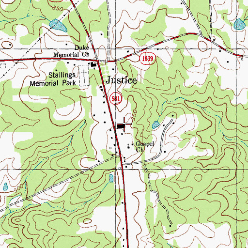Topographic Map of Justice Rural Volunteer Fire Station, NC
