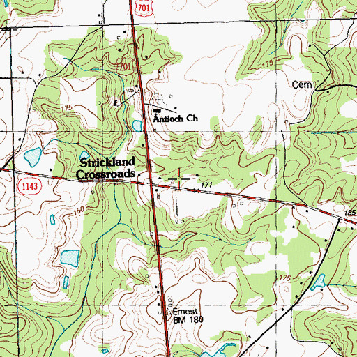 Topographic Map of Stricklands Crossroads Volunteer Fire Department, NC