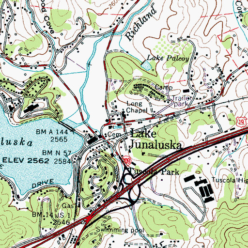 Topographic Map of Junaluska Community Volunteer Fire, NC