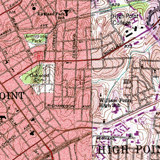 Topographic Map of High Point Fire Department Station 1, NC