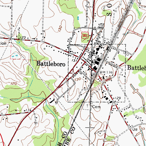 Topographic Map of Battleboro Rural Fire Department, NC