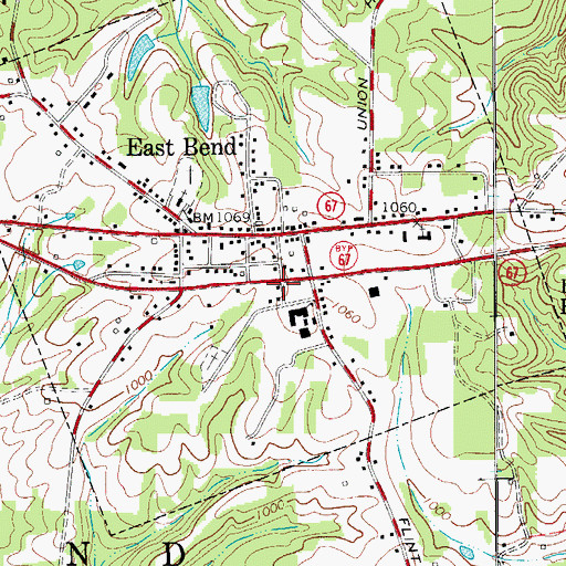 Topographic Map of East Bend Volunteer Fire Department, NC