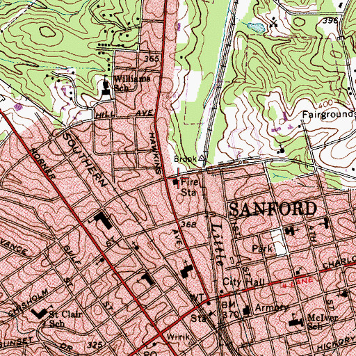 Topographic Map of Sanford Fire Department Central Station, NC