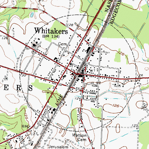 Topographic Map of Whitakers Fire Department, NC