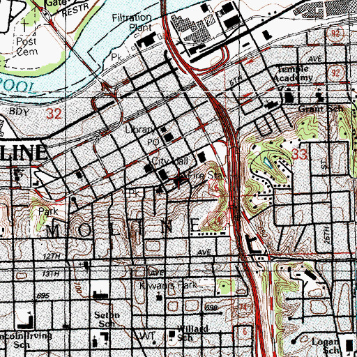 Topographic Map of Moline Fire Department Central Station, IL