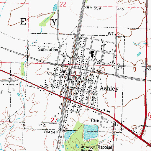 Topographic Map of Ashley Fire Protection District, IL