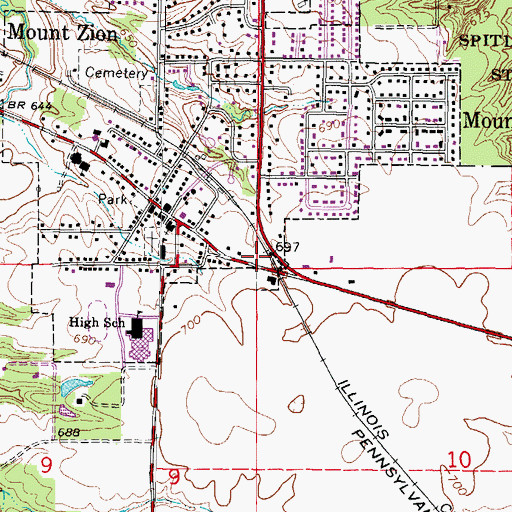 Topographic Map of Mount Zion Fire Protection District, IL