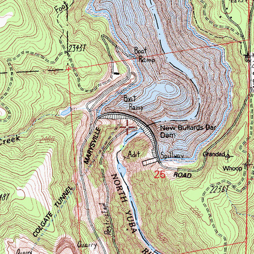 Topographic Map of New Bullards Bar Dam, CA