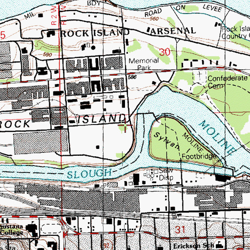 Topographic Map of Rock Island Arsenal Fire Training Facility, IL