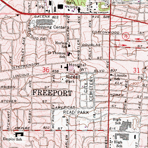 Topographic Map of Freeport Rural Fire Protection District Ambulance Service, IL
