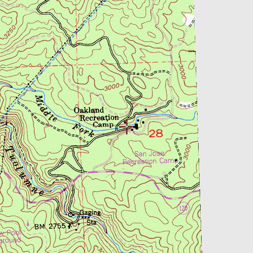 Topographic Map of Oakland Recreation Camp, CA