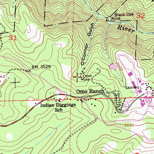 Topographic Map of Omo Mine, CA
