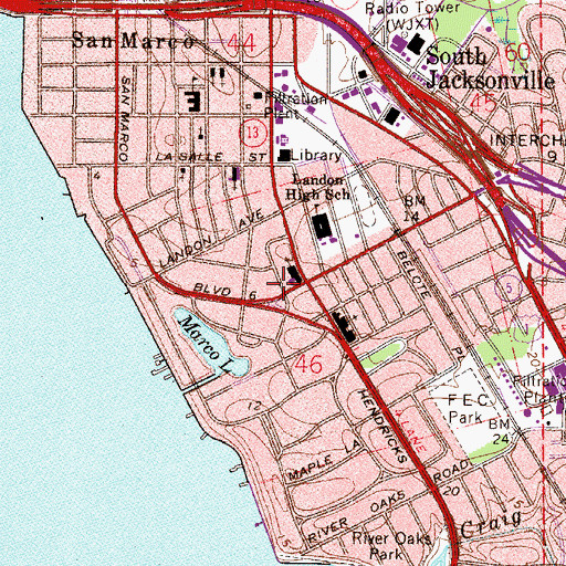 Topographic Map of Jacksonville Fire and Rescue Department Station 13, FL