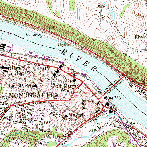 Topographic Map of Monongahela Volunteer Fire Department Station 62, PA