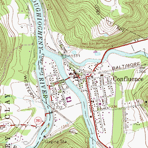Topographic Map of Confluence Volunteer Fire Company Station 612, PA