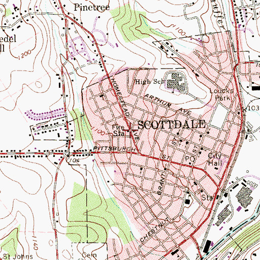 Topographic Map of Scottdale Volunteer Fire Department, PA