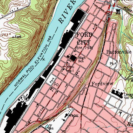 Topographic Map of Ford City Hose Company Station 90, PA