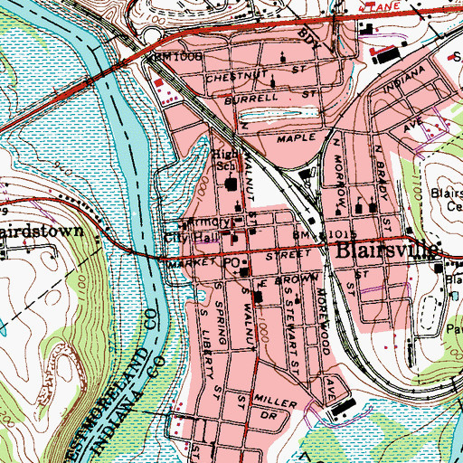 Topographic Map of Blairsville Young Mens Volunteer Fire Company Station 120, PA