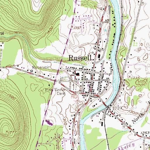 Topographic Map of Russell Volunteer Fire Department Station 54, PA