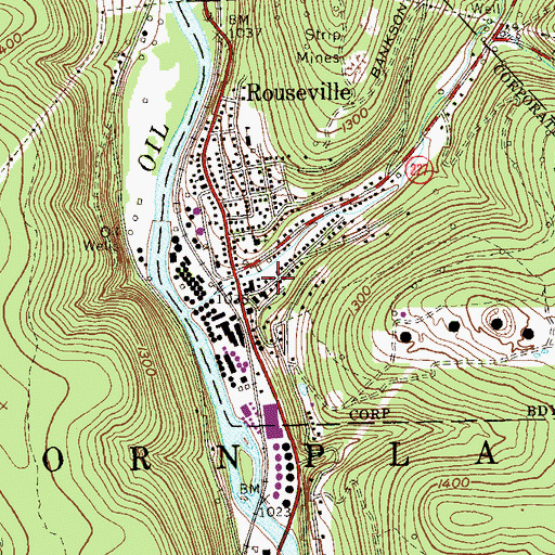 Topographic Map of Rouseville Volunteer Fire Department, PA