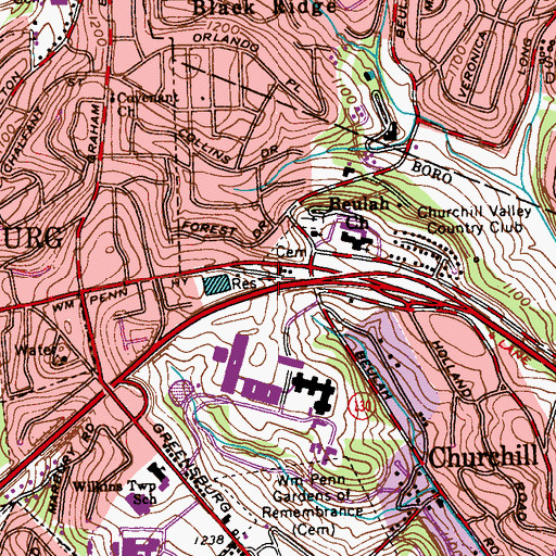 Topographic Map of Churchill Volunteer Fire Company Station 122, PA
