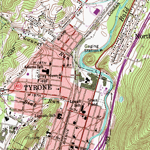 Topographic Map of Tyrone Neptune Fire Department Station 34, PA
