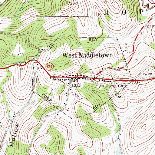 Topographic Map of West Middletown Volunteer Fire Department, PA
