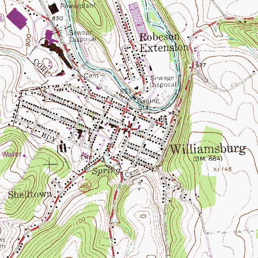 Topographic Map of Williamsburg Area Volunteer Fire Company Station 90, PA