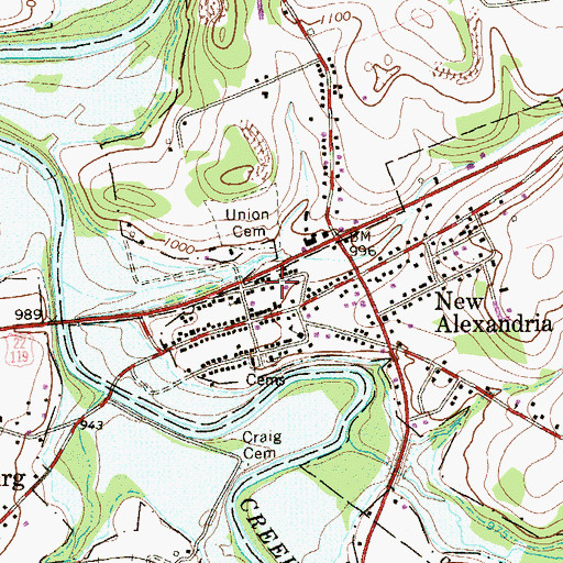 Topographic Map of New Alexandria Volunteer Fire Department Station 77, PA