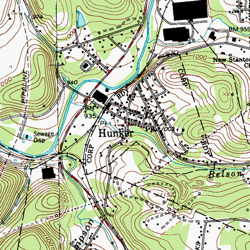 Topographic Map of Hunker Volunteer Fire Department, PA