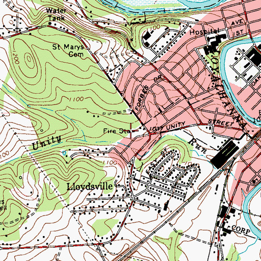 Topographic Map of Lloydsville Volunteer Fire Department, PA