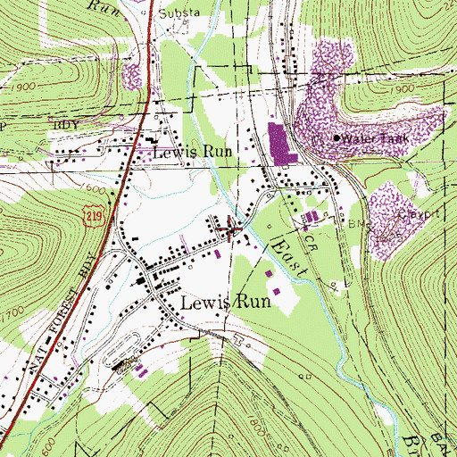 Topographic Map of Lewis Run Volunteer Fire Department, PA