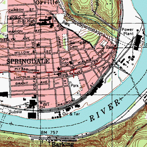 Topographic Map of Springdale Volunteer Fire Department Station 274, PA