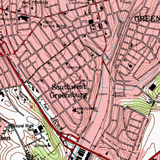 Topographic Map of Southwest Greensburg Volunteer Fire Department, PA