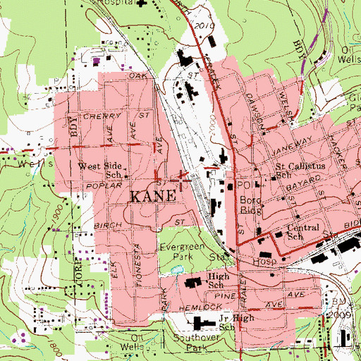 Topographic Map of Kane Volunteer Fire Department, PA