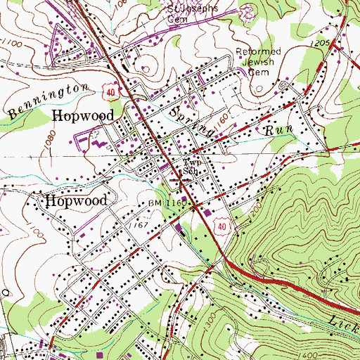 Topographic Map of Hopwood Volunteer Fire Department Station 20, PA