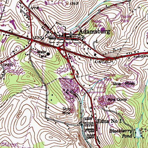 Topographic Map of Adamsburg and Community Volunteer Fire Department, PA