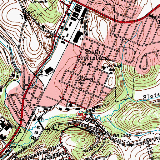 Topographic Map of South Greensburg Volunteer Fire Department, PA