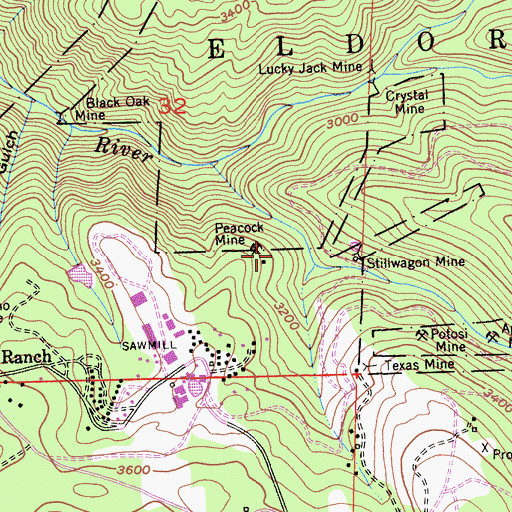 Topographic Map of Peacock Mine, CA
