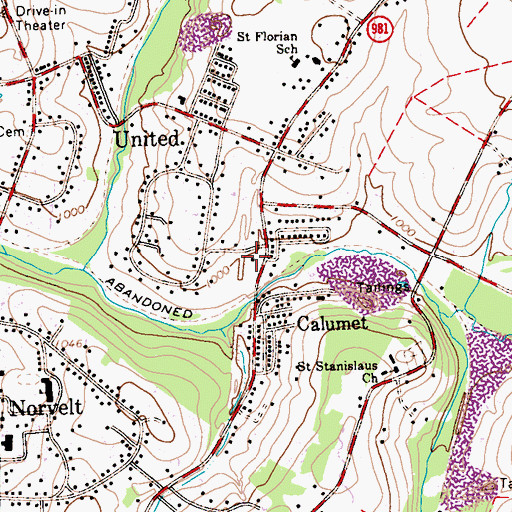 Topographic Map of Mount Pleasant Township Volunteer Fire Department 3 of Calumet, PA