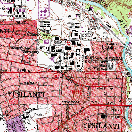 Topographic Map of Ford Hall, MI