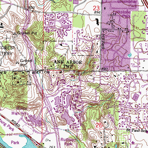 Topographic Map of Huron Hills Baptist Church, MI