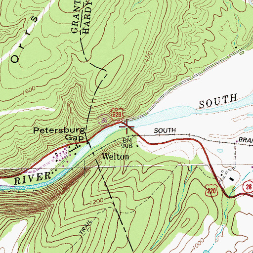 Topographic Map of Petersburg Gap Bridge, WV