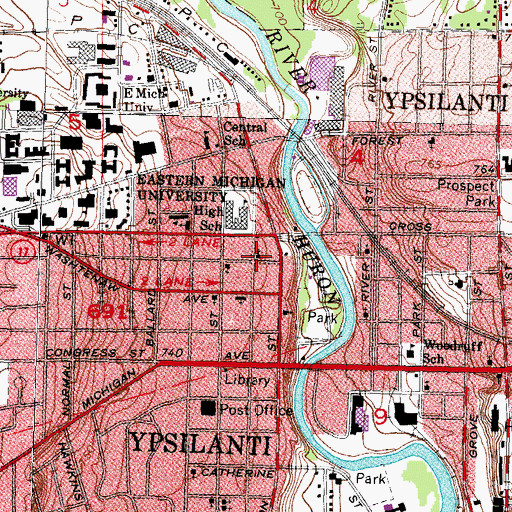 Topographic Map of First Presbyterian Church of Ypsilanti, MI