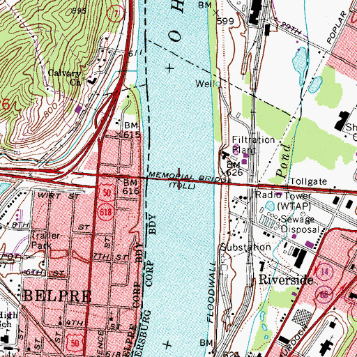 Topographic Map of Parkersburg-Belpre Bridge, WV