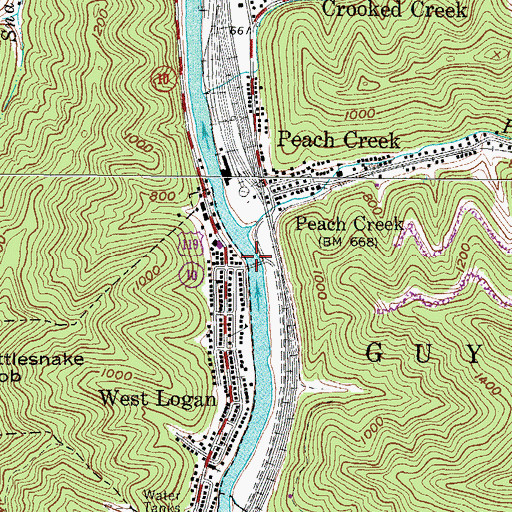 Topographic Map of Peach Creek Bridge, WV