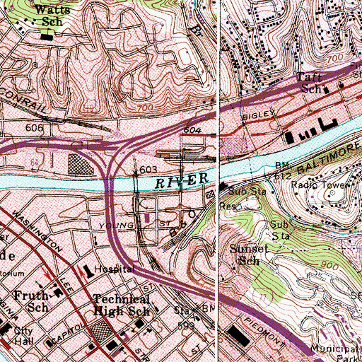 Topographic Map of Spring Street Bridge, WV