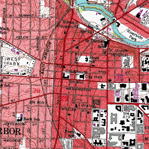 Topographic Map of Ann Arbor Fire Department, MI