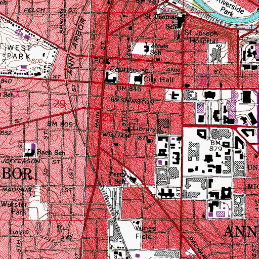 Topographic Map of Ann Arbor Public Library, MI